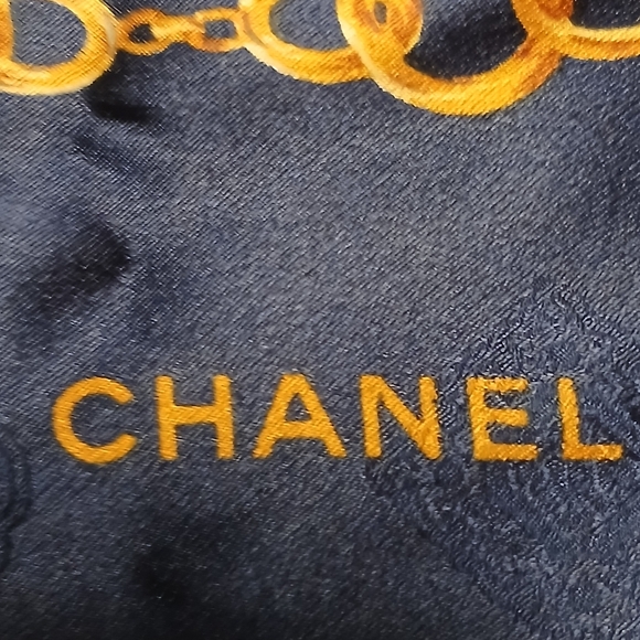 Authentic CHANEL Navy/White Coco Mark Gold Chain Pattern Silk Scarf - Picture 13 of 15